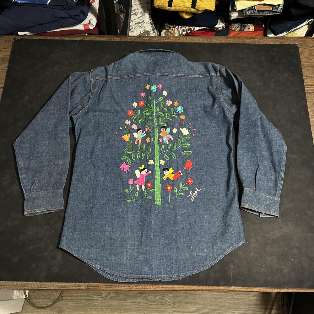 Lepe Shirt Denim Western Needle Point Fairy Angel Tree Pearl Snap Saw Tooth 60s